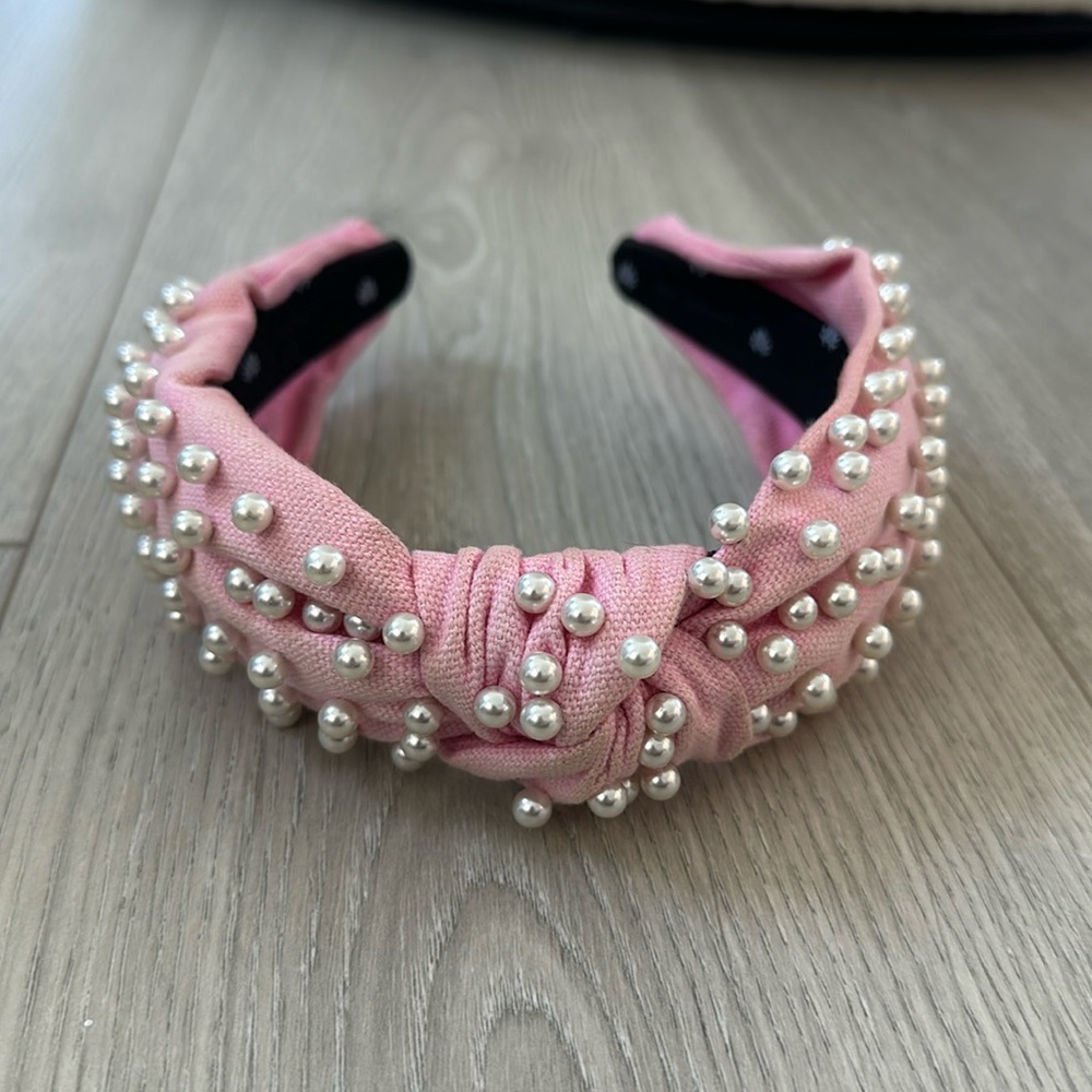 Lele Sadoughi pink woven pearl headband, makeup marks